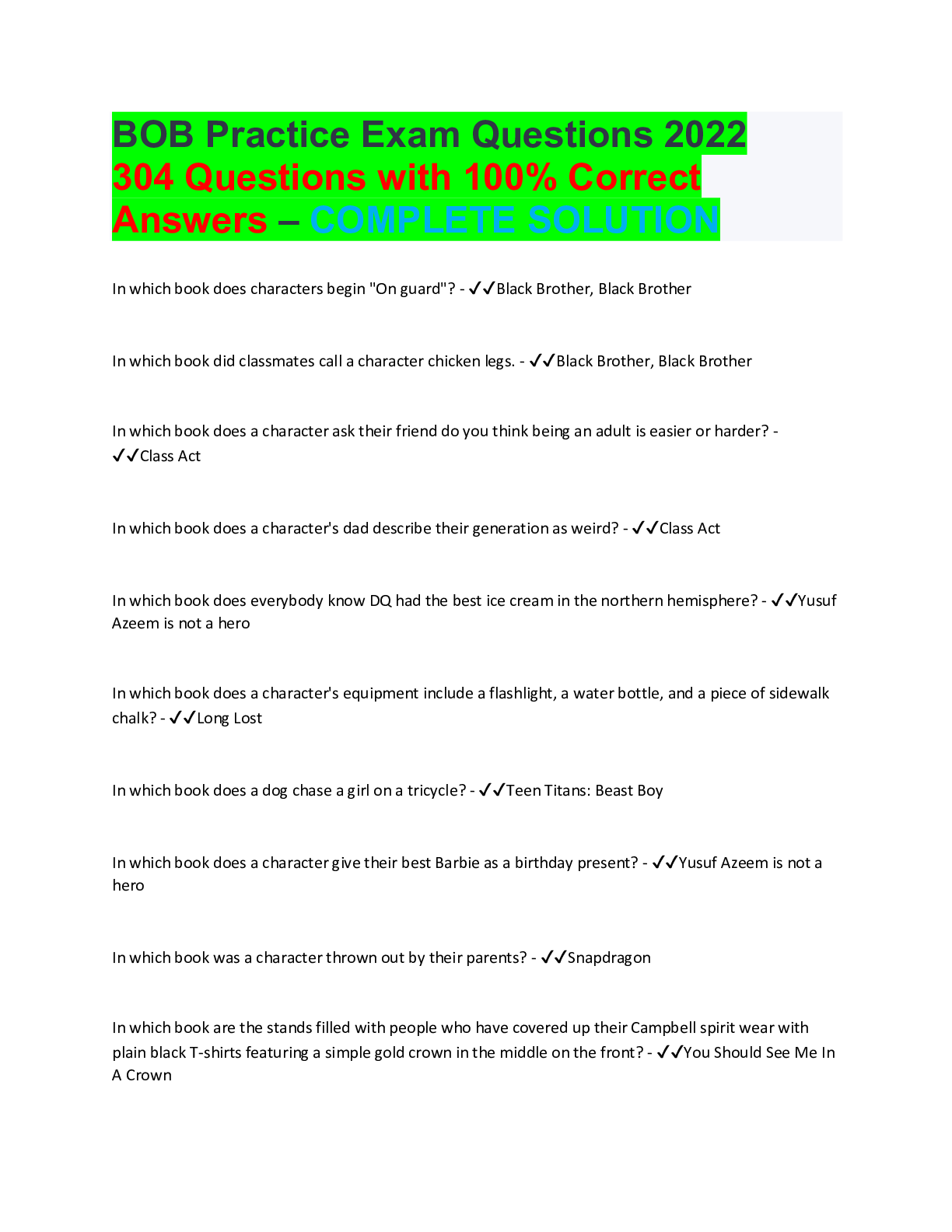 Preview of BOB Practice Exam Questions 2022 304 Questions with 100% Correct Answers – COMPLETE SOLUTI